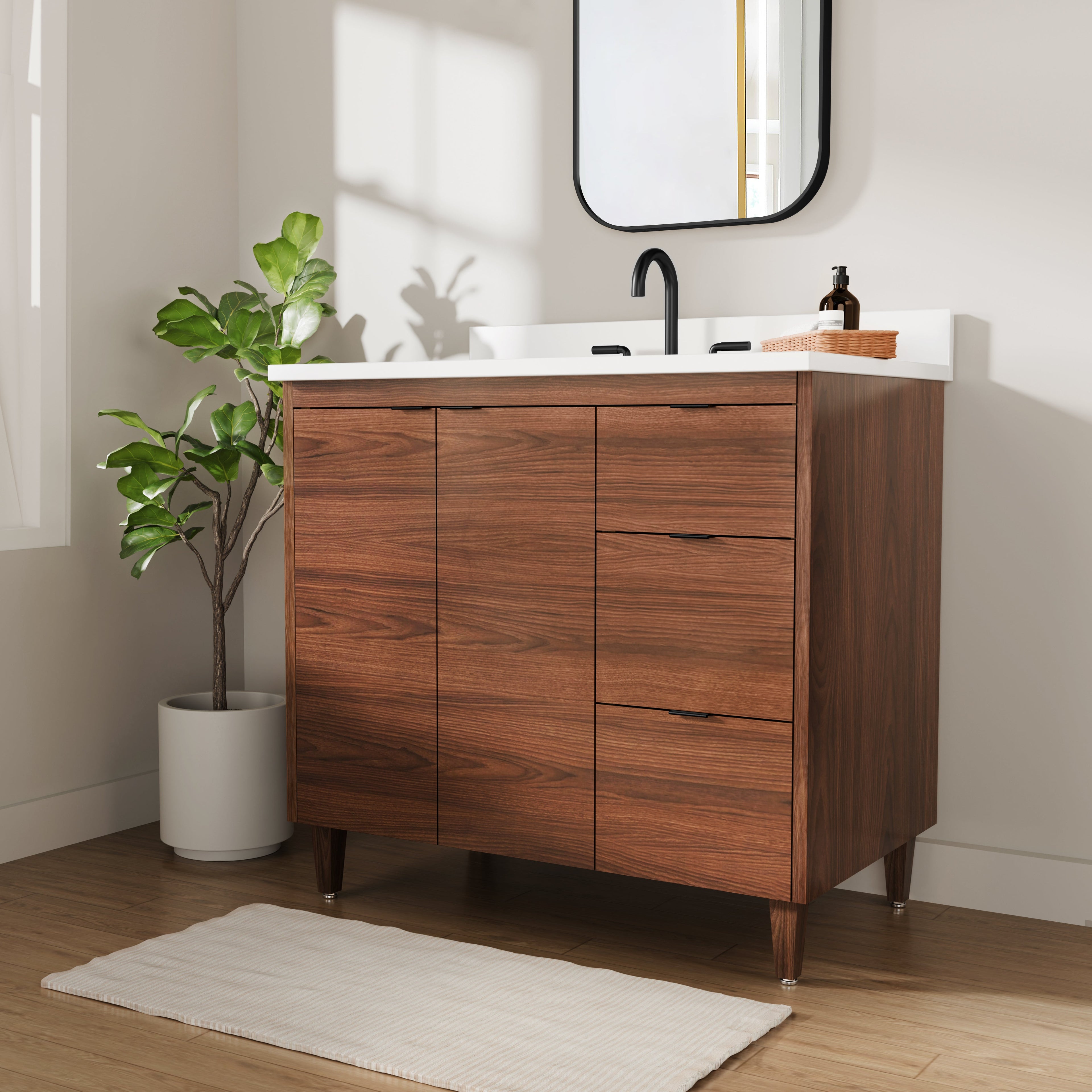 Rowan 36" Black Walnut Vanity with Quartz Countertop - 2 Doors and 3 Drawers