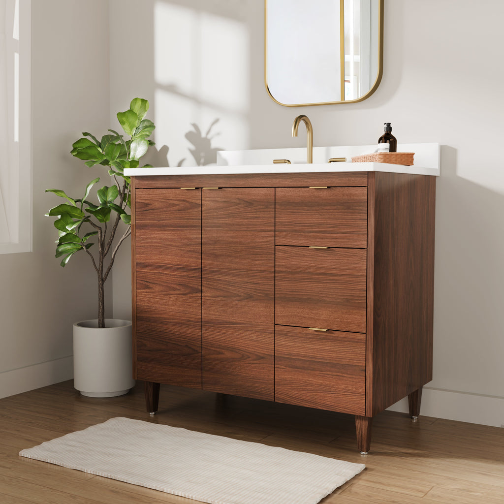 Rowan 36" Black Walnut Vanity with Quartz Countertop - 2 Doors and 3 Drawers