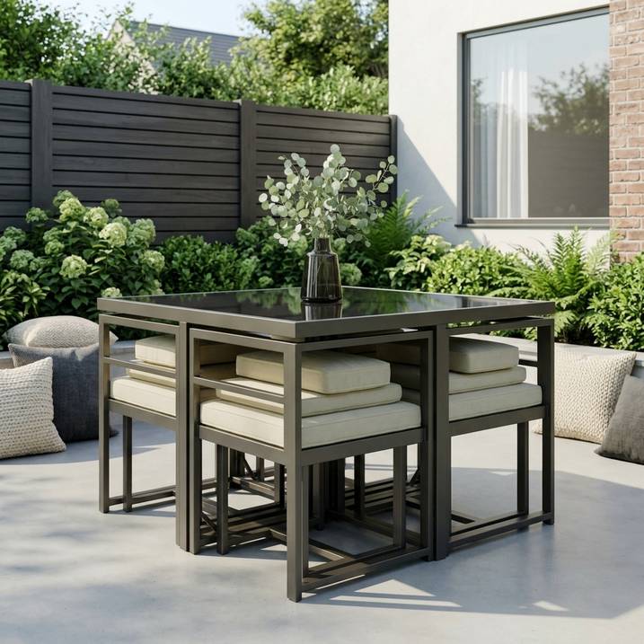 Luxury 8 Seater Grey Metal Cube Garden Dining Set with Cream Chairs – Modern Outdoor Patio Furniture