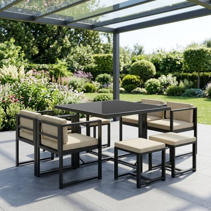 Luxury 8 Seater Grey Metal Cube Garden Dining Set with Cream Chairs – Modern Outdoor Patio Furniture