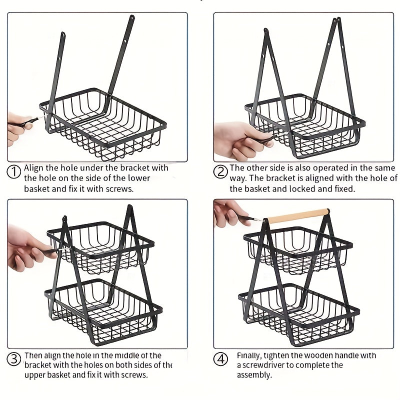 [2/3 Tier Metal Basket] 2/3 Tier High-Capacity Metal Fruit Basket | Portable Countertop Organizer for Fruits, Vegetables, Bread & Snacks | Detachable Rectangle Design for Kitchen Storage