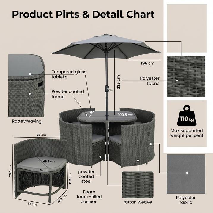 Luxury 4 Seater Grey Rattan Cube Garden Dining Set with Matching Parasol – Space Saving Outdoor Patio Furniture