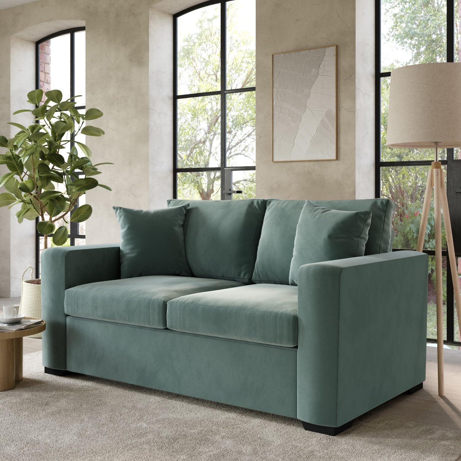 2 Seater Velvet Sofa Bed – Pull-Out Double Sleeper with Cushions & Soft Upholstery – Compact No Assembly Couch for Guest Room or Lounge – Olive, Mint Green or Blush Pink