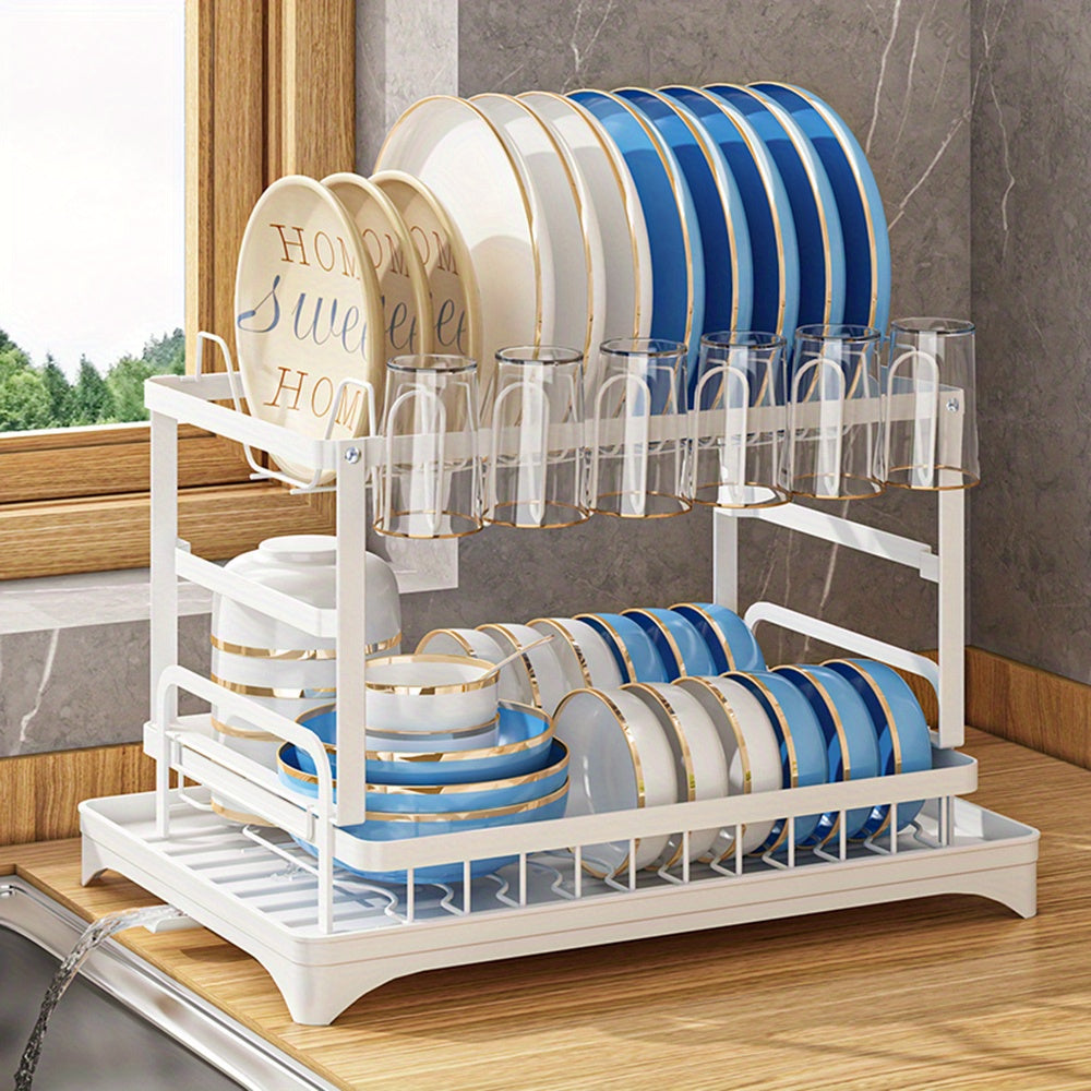1pc Large Capacity 2-Tier Dish Drying Rack with Drainboard, Double-Layer Bowl & Cup Rack, Detachable Over The Sink Organizer for Kitchen Counter, Black & White - Ideal for Plates, Bowls, Cups & Cutlery Storage, Dish Drying Ra