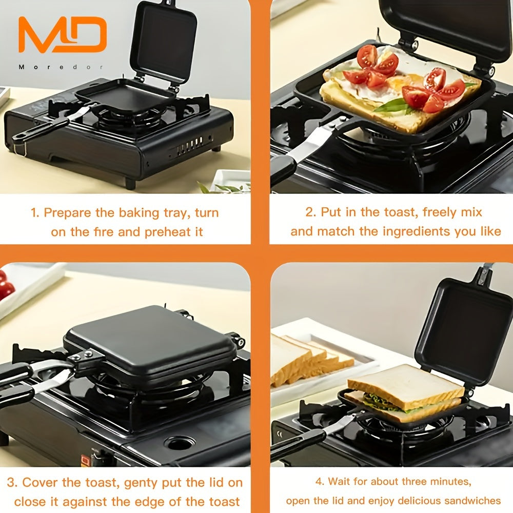 [1pc Non-Stick Sandwich Maker] MOREDOR 1pc Double-Sided Non-Stick Sandwich Maker & Griddle Pan | 1000W Portable Square Design with Detachable Plates | Indoor/Outdoor Kitchen Supplies, Easygrip Handles, Heatresistant Material