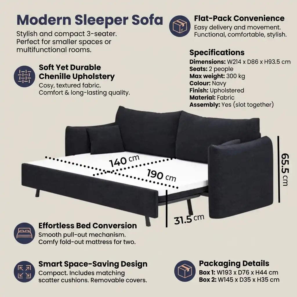 Navy Blue Chenille 3-Seater Sofa Bed with Pull-Out Design