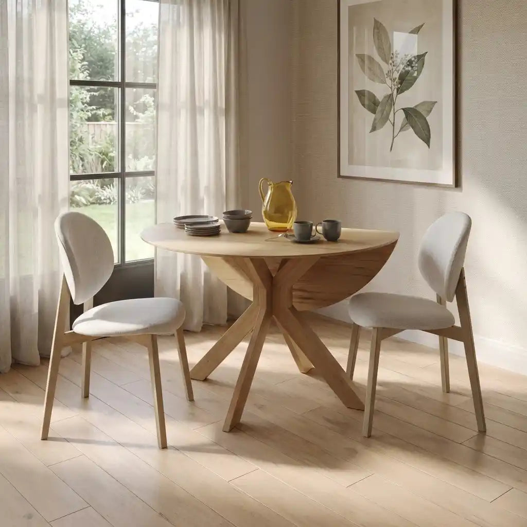 Round Oak Drop Leaf Dining Table Set with 2 Cream Upholstered Chairs – Space-Saving 2 Seater Dining Set