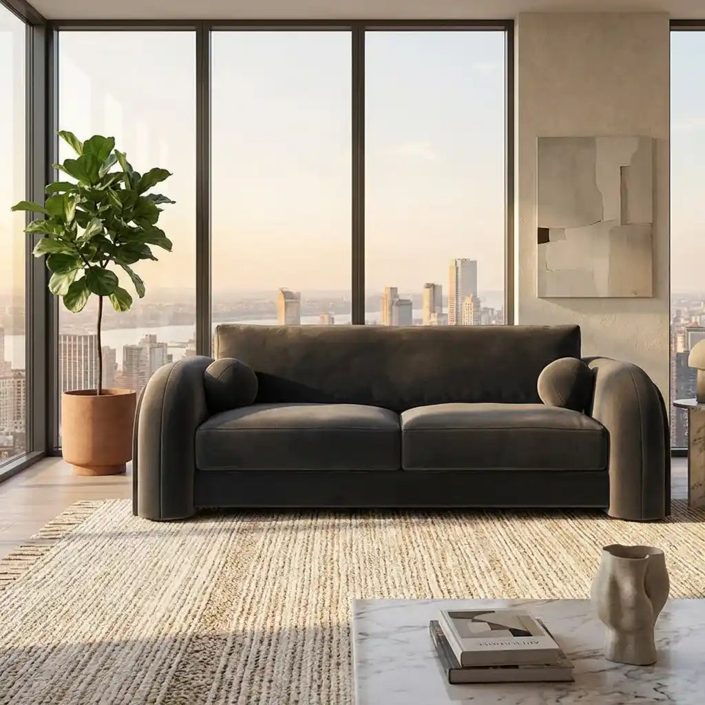 Dark Grey Velvet Curved 3 Seater Sofa –  Modern Designer Sofa for Living Room