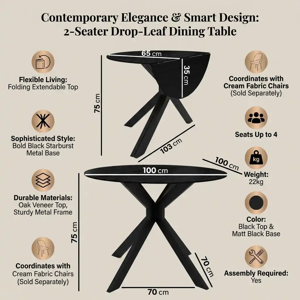 Round Black Oak Drop-Leaf Dining Table Set with 2 Cream Upholstered Chairs – Space-Saving Extendable Folding Table & Fabric Chairs for Kitchen or Dining Room
