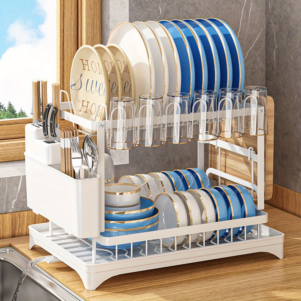 1pc Large Capacity 2-Tier Dish Drying Rack with Drainboard, Double-Layer Bowl & Cup Rack, Detachable Over The Sink Organizer for Kitchen Counter, Black & White - Ideal for Plates, Bowls, Cups & Cutlery Storage, Dish Drying Ra