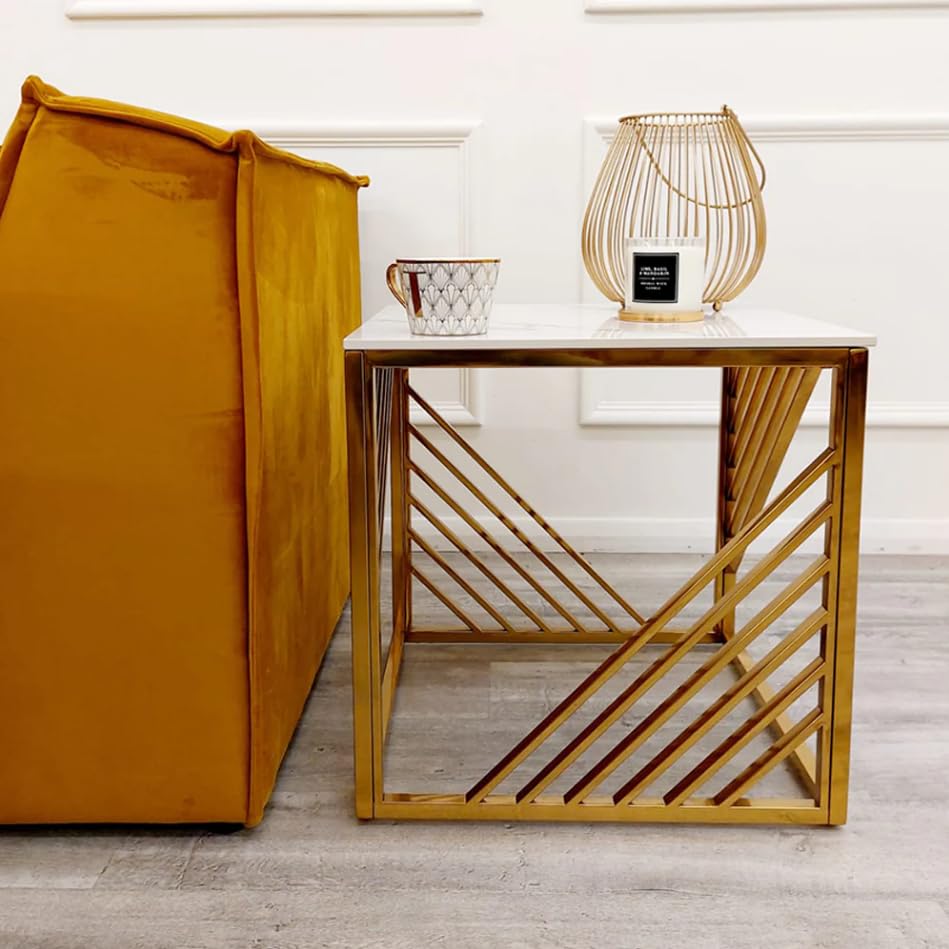 Azure Gold Console Table & Pair of Side Tables – Slim Hallway Console & Small Side Lamp Tables with White Sintered Stone Tops