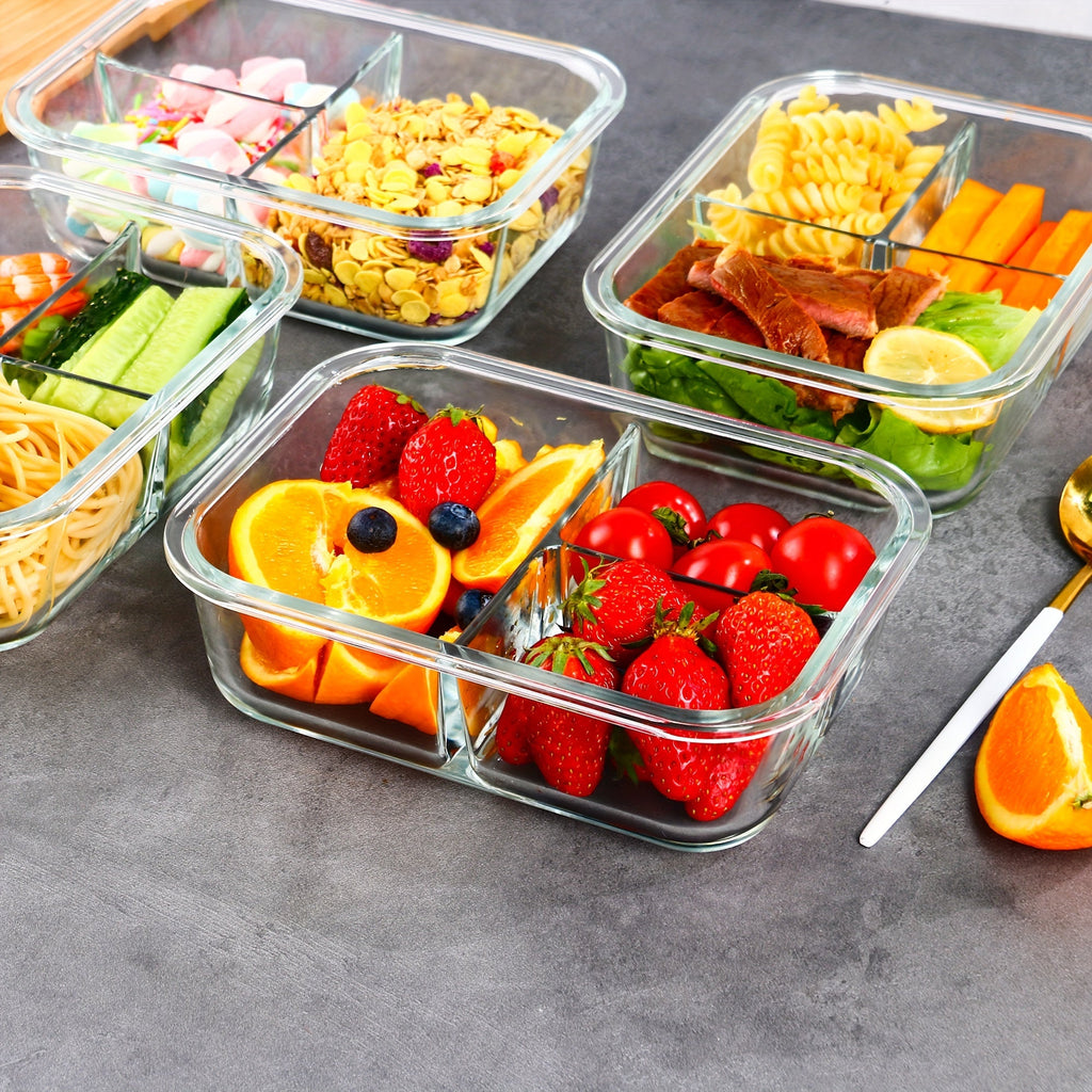 5-Piece Glass Food Storage Set with Airtight Leakproof Lids - BPA-Free, 3-Compartment, 34oz Capacity - Ideal for Meal Prep, Meat, Fruits & Vegetables - Kitchen Organization Essential