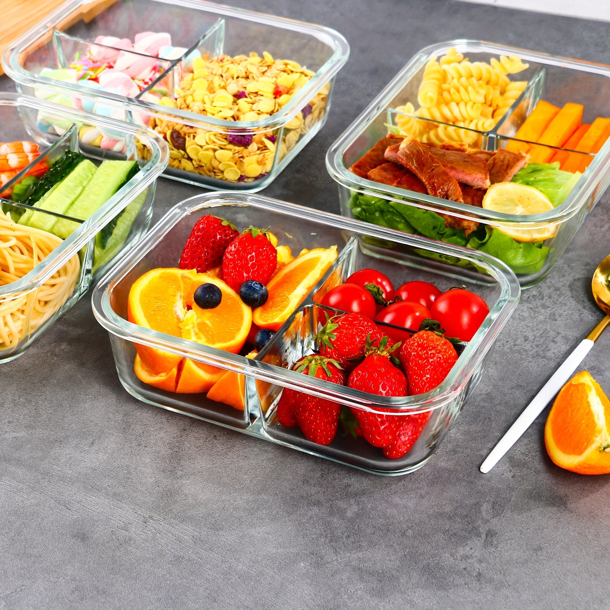 5-Piece Glass Food Storage Set with Airtight Leakproof Lids - BPA-Free, 3-Compartment, 34oz Capacity - Ideal for Meal Prep, Meat, Fruits & Vegetables - Kitchen Organization Essential