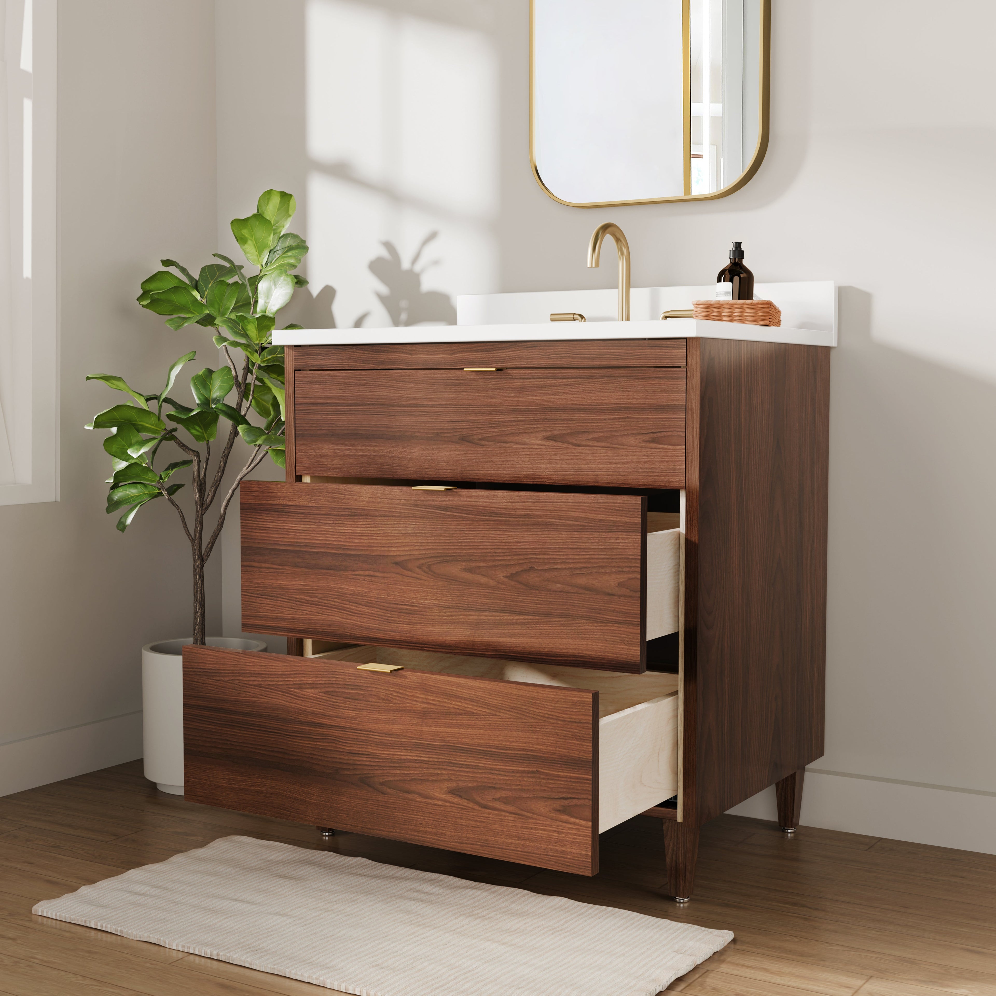 Rowan 30" Black Walnut Vanity with Quartz Countertop - 3 Drawers