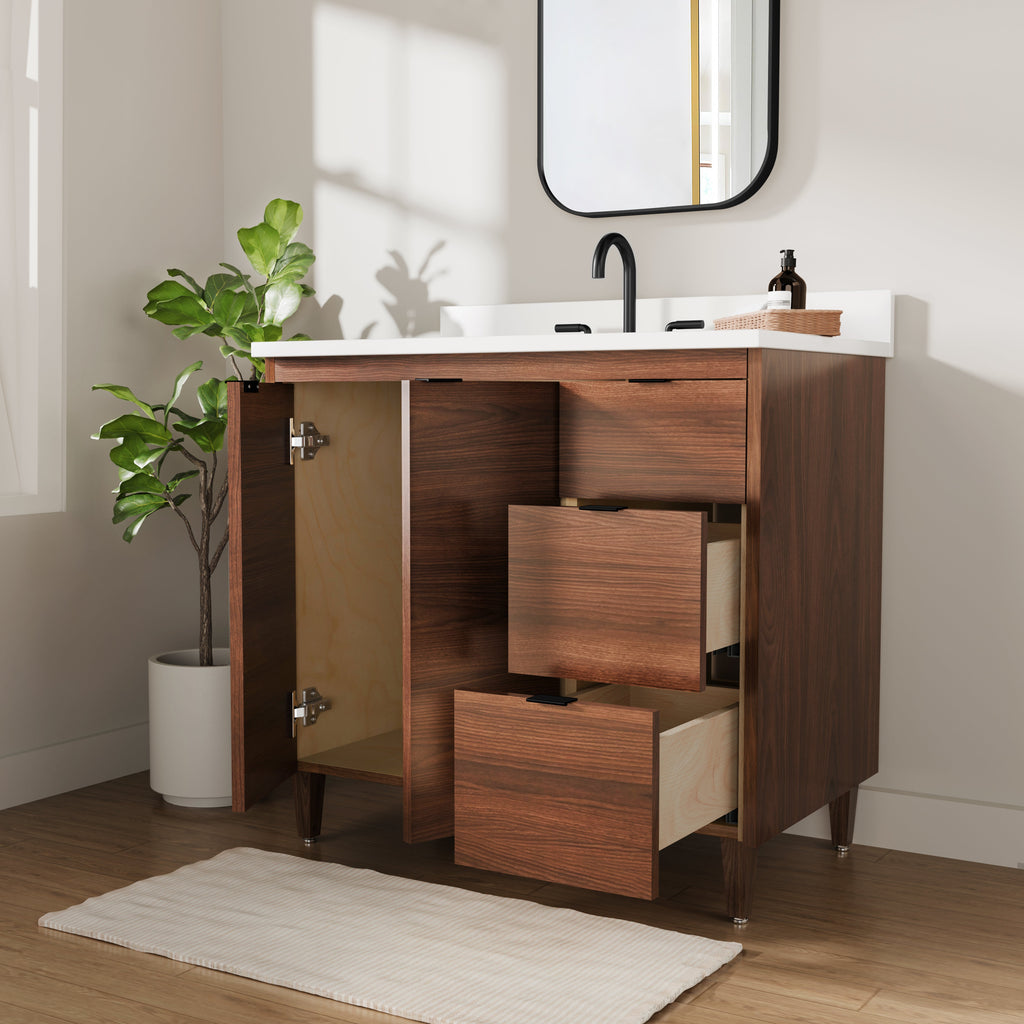 Rowan 36" Black Walnut Vanity with Quartz Countertop - 2 Doors and 3 Drawers