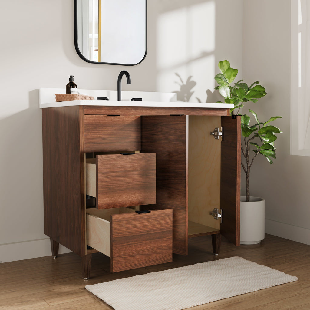 Rowan 36" Black Walnut Vanity with Quartz Countertop - 2 Doors and 3 Drawers