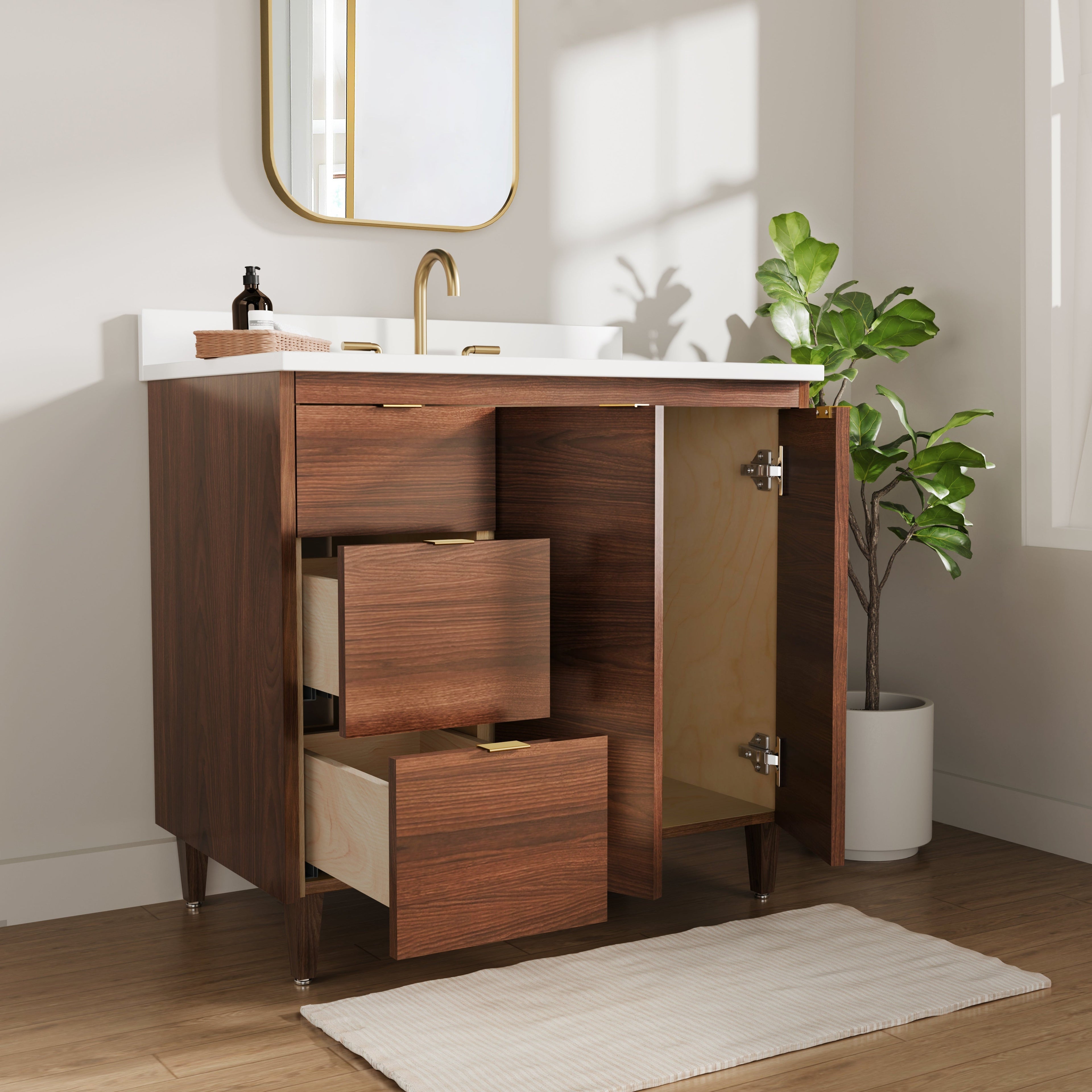 Rowan 36" Black Walnut Vanity with Quartz Countertop - 2 Doors and 3 Drawers