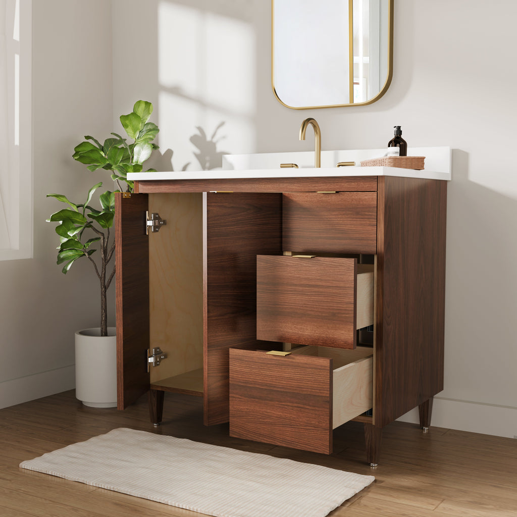 Rowan 36" Black Walnut Vanity with Quartz Countertop - 2 Doors and 3 Drawers