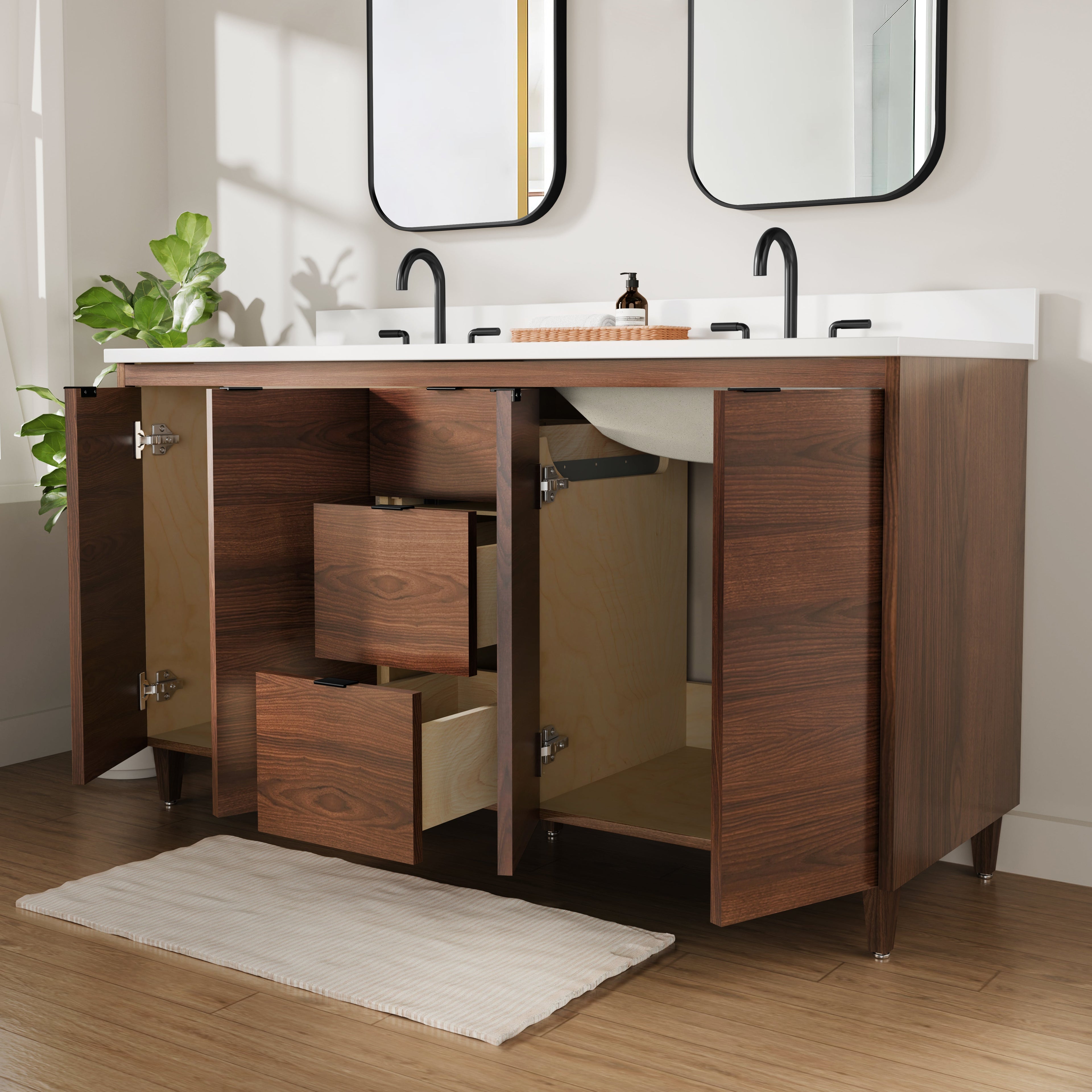 Rowan 60" Double Sink Black Walnut Vanity with Quartz Countertop