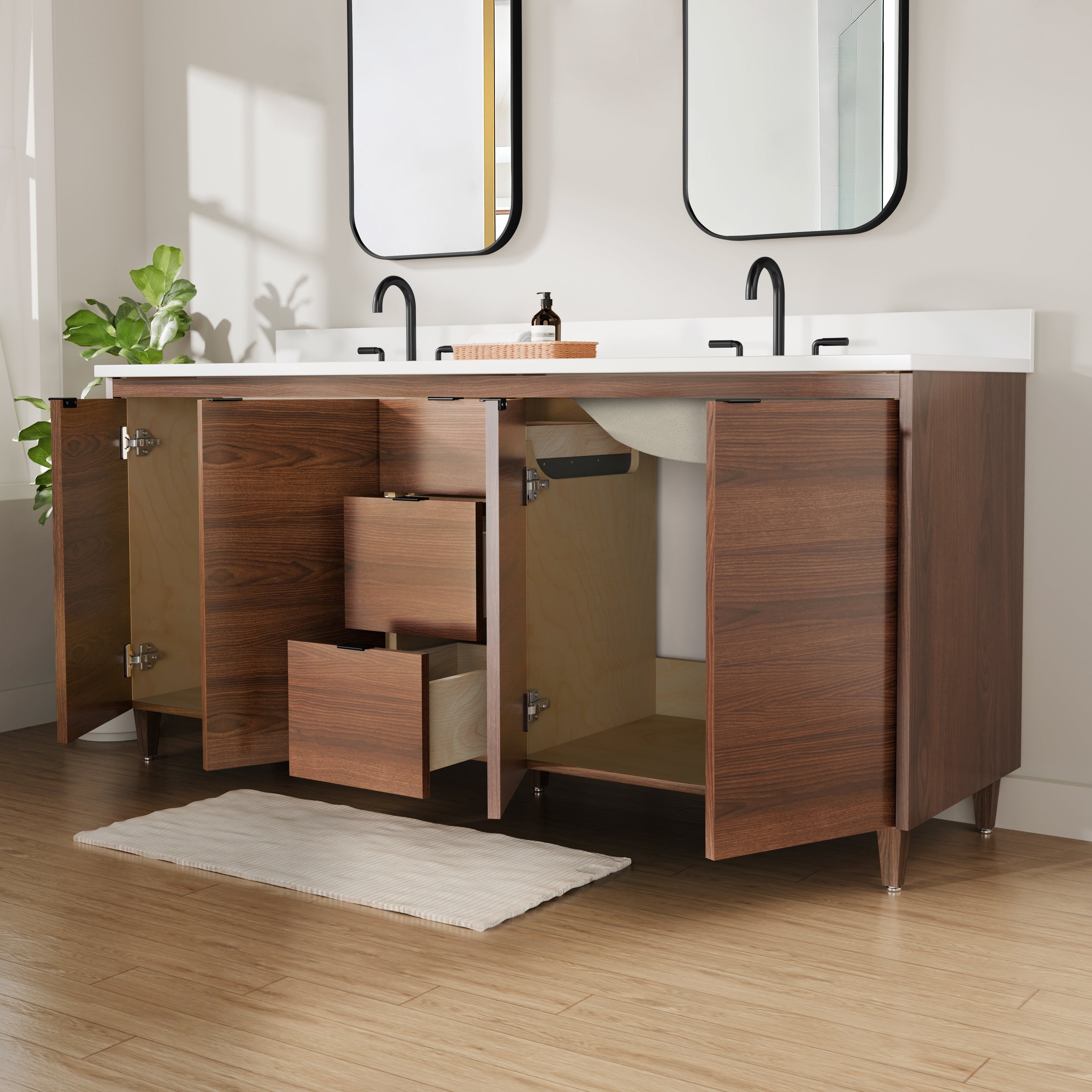 Rowan 72" Double Sink Black Walnut Vanity with Quartz Countertop