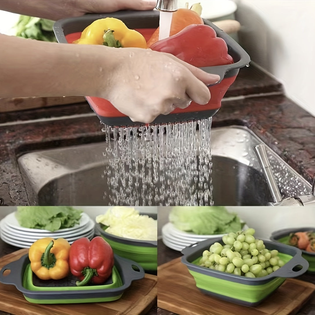 2pcs Folding Drain Basket, Portable Fruit Vegetable Cleaning Washing Basket, Square Expandable Filter Basket, Home Tool, Home Gadgets, Home Accessories (1 Large, 1 Small), Kitchen Washing Basket