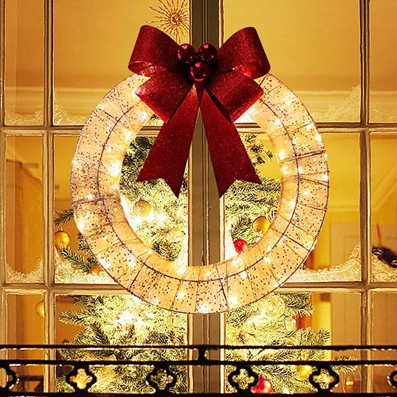 🎄 50cm LED Christmas Garland – Luminous Wreath with Big Bow for Door Décor