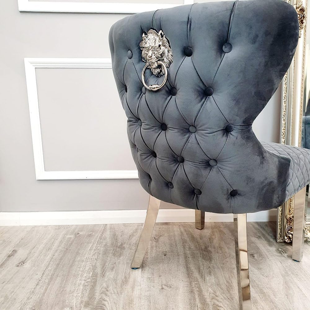 Chelsea Dining Chair Set of 2 Grey Velvet with Chrome Lion Knocker – Buttoned Back Upholstered Dining Chairs for Dining Room – Luxury Velvet Chairs with Chrome Legs