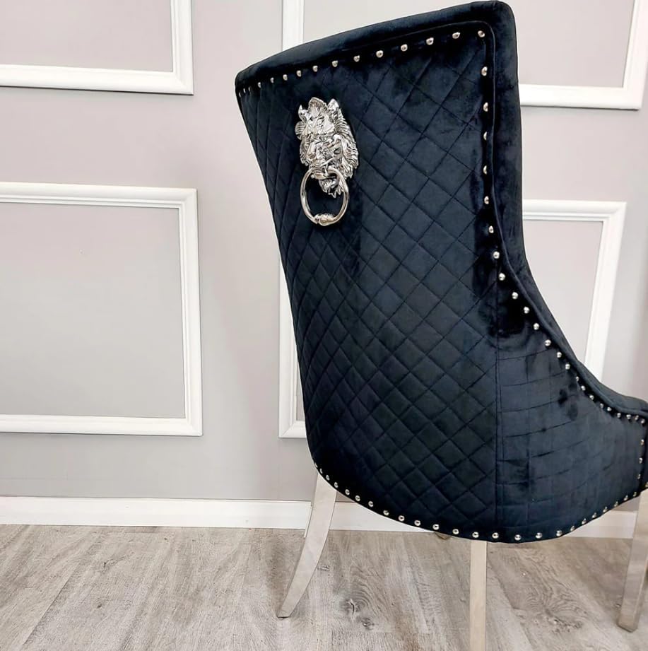 Bentley Velvet Dining Chair set of two with Chrome Lion Knocker – Quilted Back Upholstered Dining Room Chair with Studded Detailing & Chrome Legs (Black)