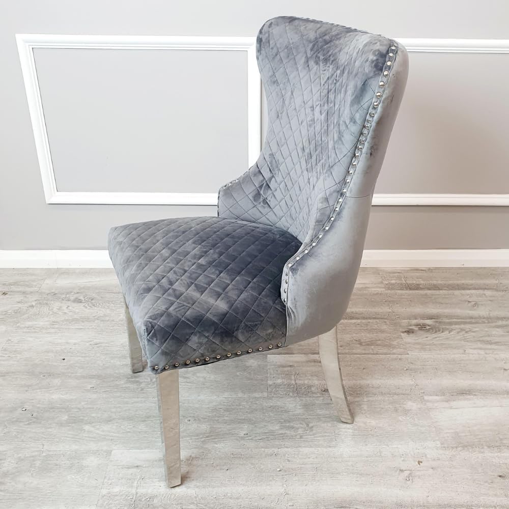 Chelsea Dining Chair Set of 2 Grey Velvet with Chrome Lion Knocker – Buttoned Back Upholstered Dining Chairs for Dining Room – Luxury Velvet Chairs with Chrome Legs