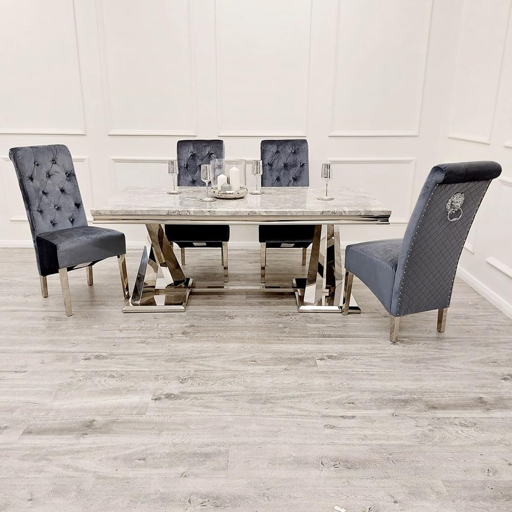 Emma Velvet Dining Chair Set of 2 with Chrome Lion Knocker – Buttoned Scroll Top Upholstered Dining Chairs for Dining Room – Luxury Quilted Back Velvet Chairs with Chrome Legs