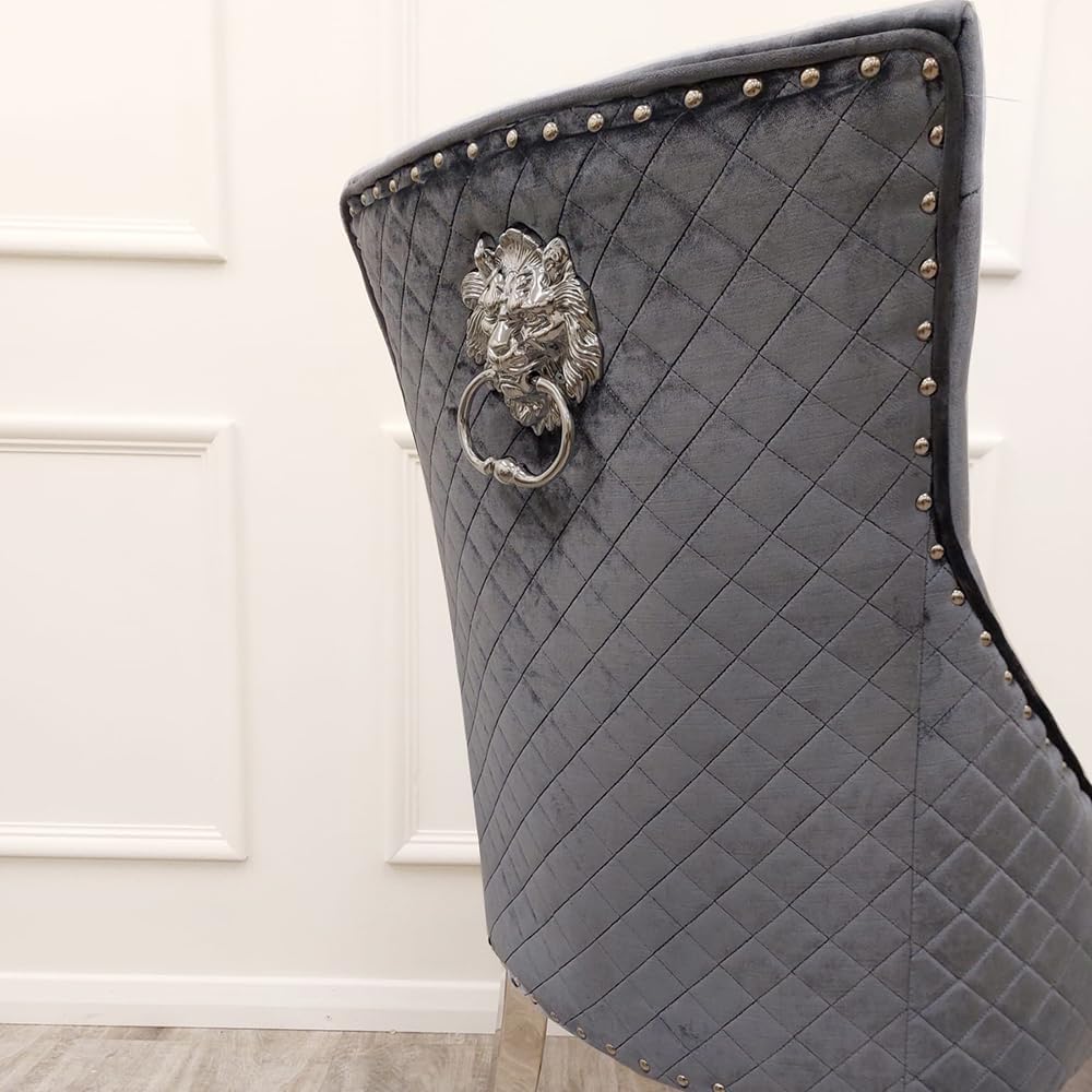 Bentley Velvet Dining Chair set of two with Chrome Lion Knocker – Quilted Back Upholstered Dining Room Chair with Studded Detailing & Chrome Legs (Black)
