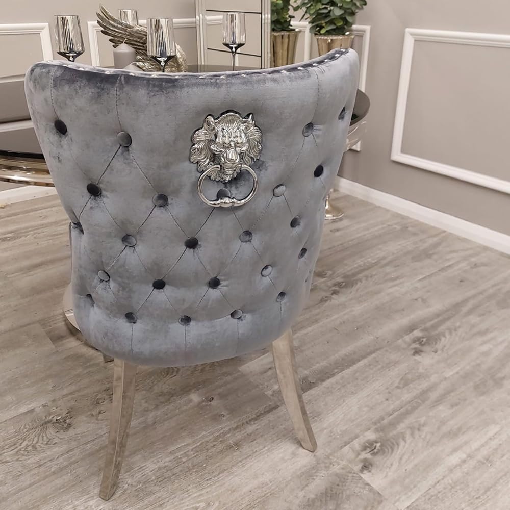 Chelsea Dining Chair Set of 2 Grey Velvet with Chrome Lion Knocker – Buttoned Back Upholstered Dining Chairs for Dining Room – Luxury Velvet Chairs with Chrome Legs