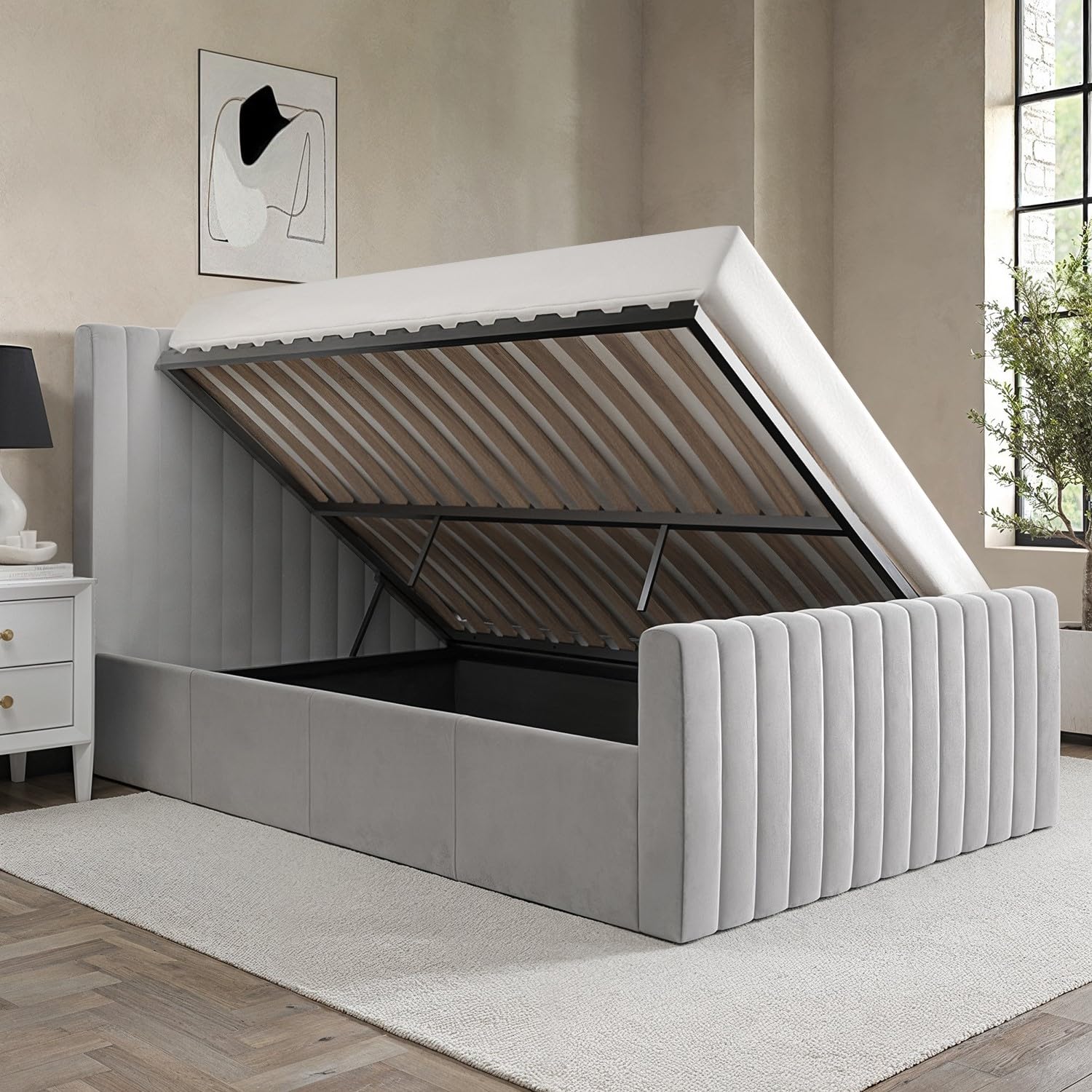 Velvet Ottoman Bed with Storage in Pink Grey or Beige Side Lift Gas Frame with Headboard Mattress Option Available for Double or Single Bedrooms
