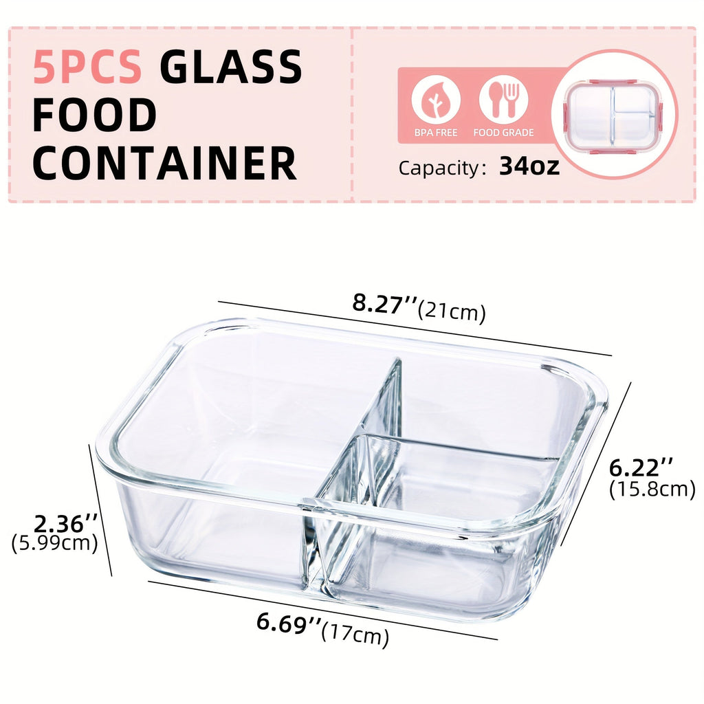 5-Piece Glass Food Storage Set with Airtight Leakproof Lids - BPA-Free, 3-Compartment, 34oz Capacity - Ideal for Meal Prep, Meat, Fruits & Vegetables - Kitchen Organization Essential