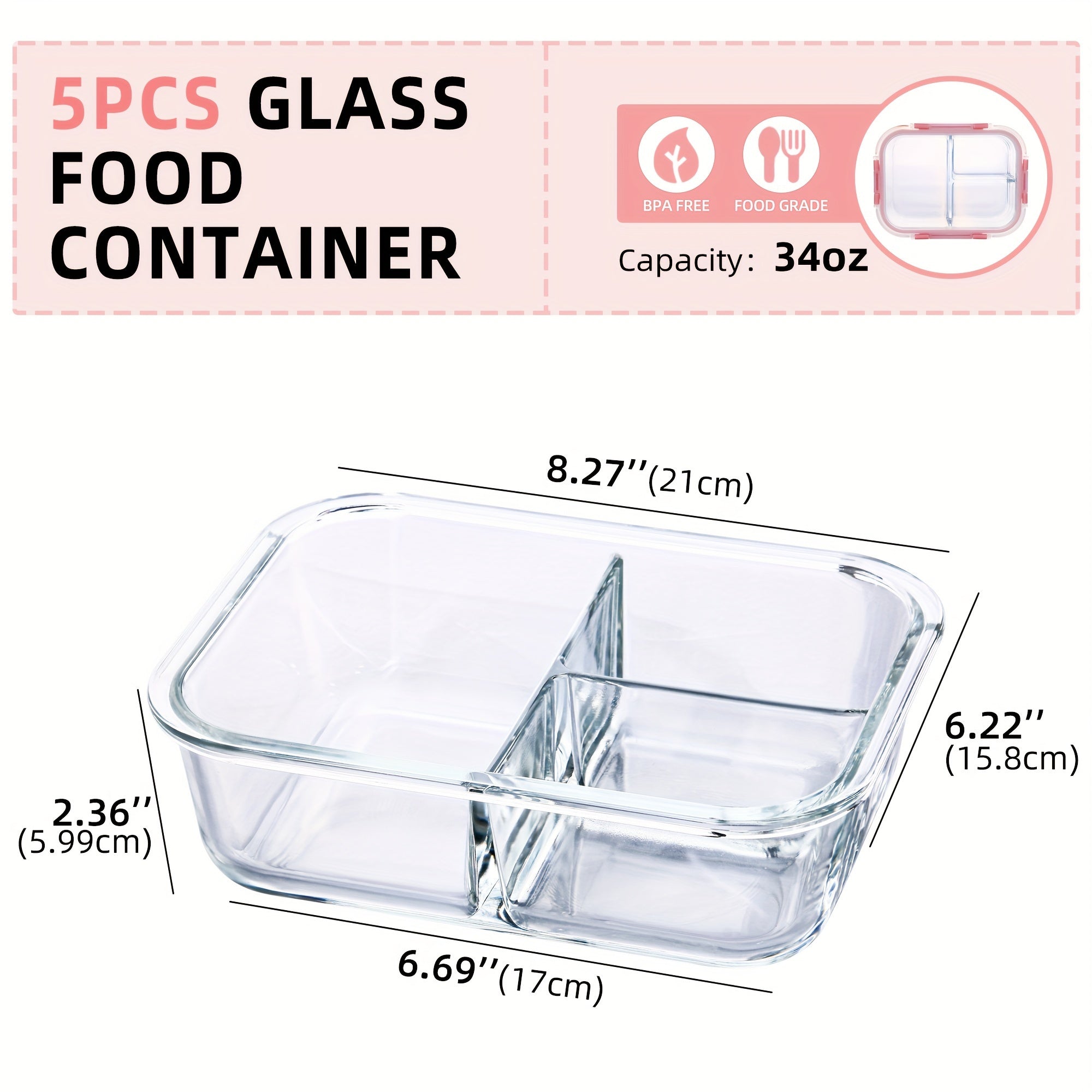 5-Piece Glass Food Storage Set with Airtight Leakproof Lids - BPA-Free, 3-Compartment, 34oz Capacity - Ideal for Meal Prep, Meat, Fruits & Vegetables - Kitchen Organization Essential