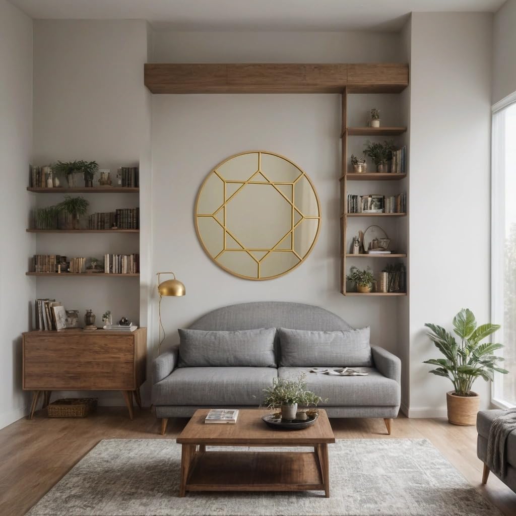 Geometric Gold Round Mirror 80 cm – Modern Metal Frame Circular Wall Décor for Living Room, Bedroom, or Hallway – Luxury Statement Piece with Clear Reflective Glass