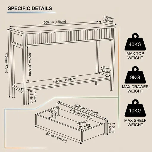Miami 2 Drawer Console Table – Oak Effect & Black Hallway Console Table with Storage
