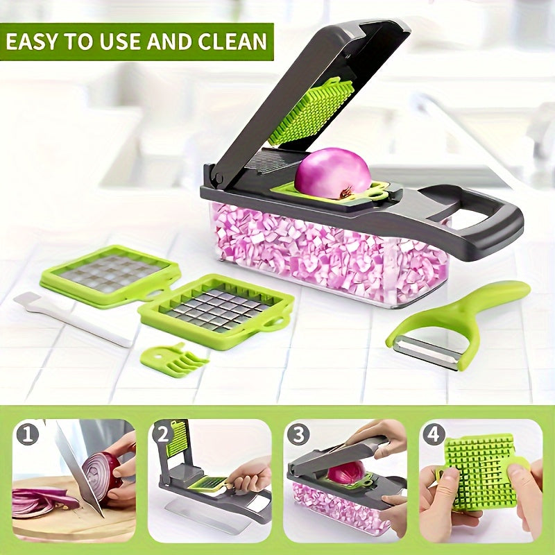 Vegetable Onion Chopper, Kitchen 16 In 1 Food Chopper 8 Blades Cutter With Container - Stainless Steel Blades - Efficiently Chops Vegetables, Onions, Herbs - Suitable for Home Cooks & Chefs - Great Gift for Kitchen Enthusiast