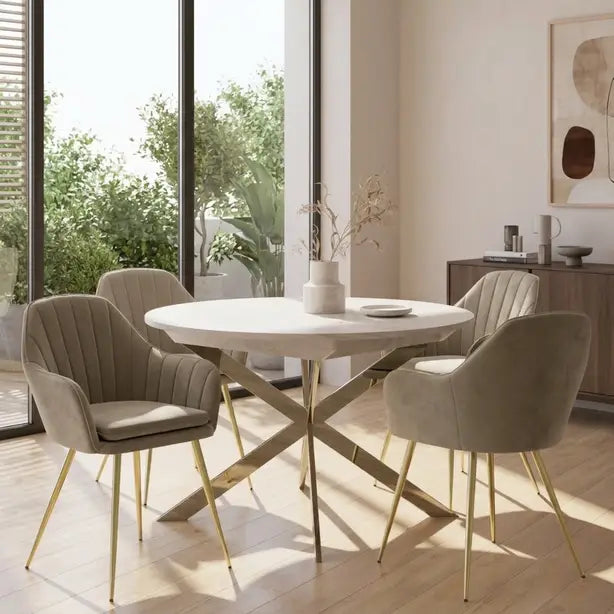 White Marble Extendable Dining Table & 4–6 Mink Velvet Chairs
