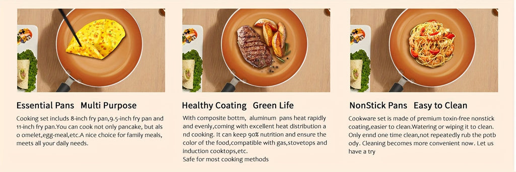 """3pcs Golden Ceramic Nonstick Frying Pan Set - 8"""", 9.5"""", and 11"""" Skillets for Induction Cooktops - PFOA and PFAS Free - Ideal for Omelettes and Eggs - Kitchen Cooking Supplies and Cookware"""