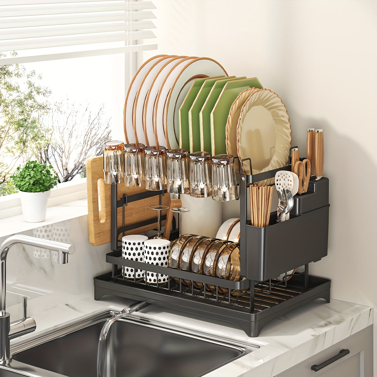 1pc Large Capacity 2-Tier Dish Drying Rack with Drainboard, Double-Layer Bowl & Cup Rack, Detachable Over The Sink Organizer for Kitchen Counter, Black & White - Ideal for Plates, Bowls, Cups & Cutlery Storage, Dish Drying Ra
