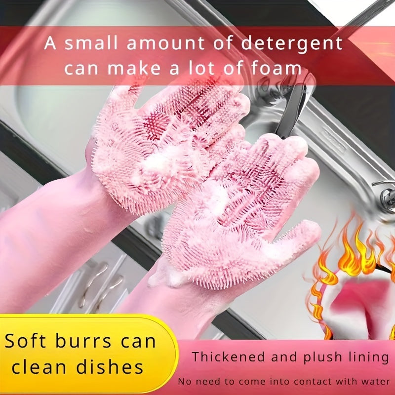 1pair Kitchen Silicone Dishwashing Gloves, Housework Cleaning Waterproof Insulation Magic Gloves, Dishwashing Brush
