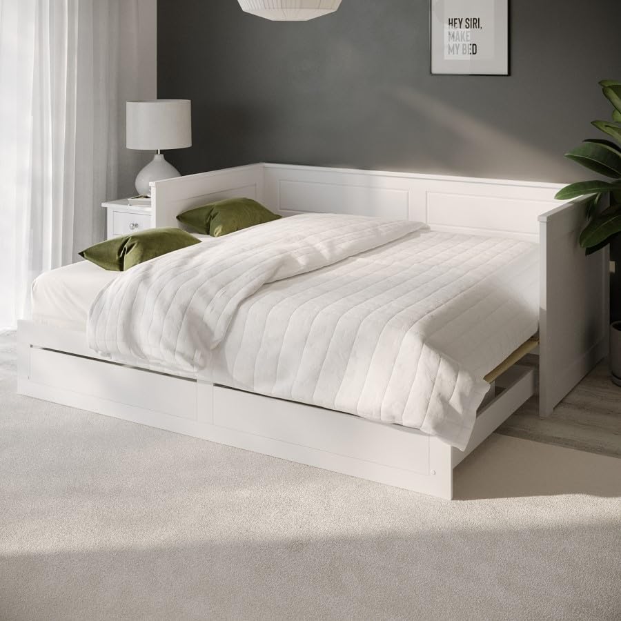 White Wooden Day Bed with Pull-Out Trundle and Storage Drawers – Converts to Double – Mattress Option Available – Ideal for Guest Rooms