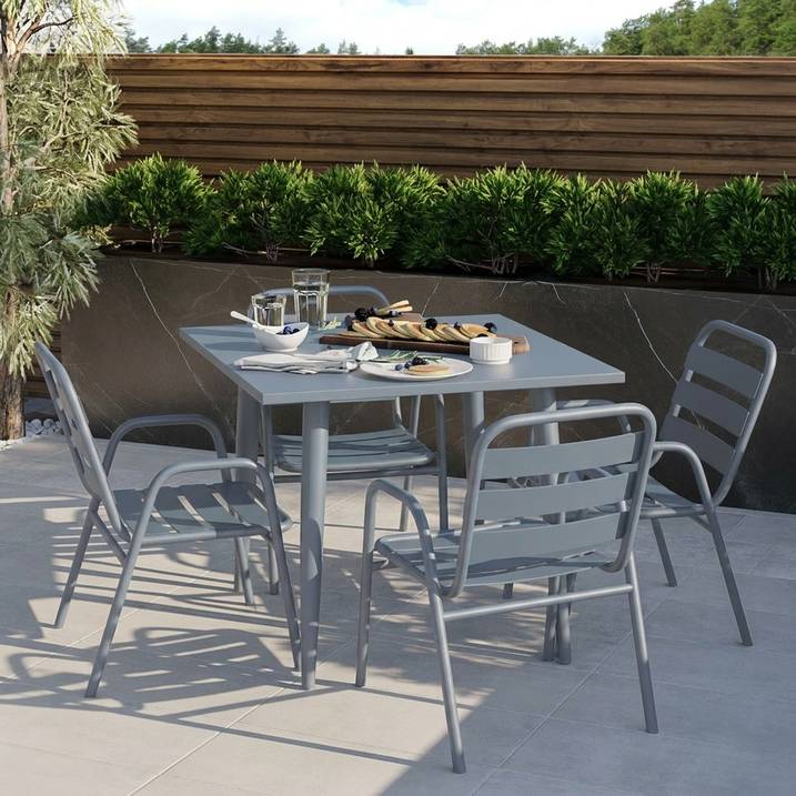 Modern 4 Seater Grey Aluminium Square Garden Dining Set – Contemporary Outdoor Patio Furniture