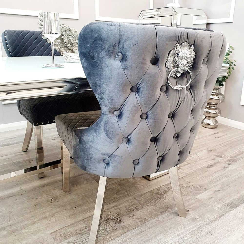 Chelsea Dining Chair Set of 2 Grey Velvet with Chrome Lion Knocker – Buttoned Back Upholstered Dining Chairs for Dining Room – Luxury Velvet Chairs with Chrome Legs