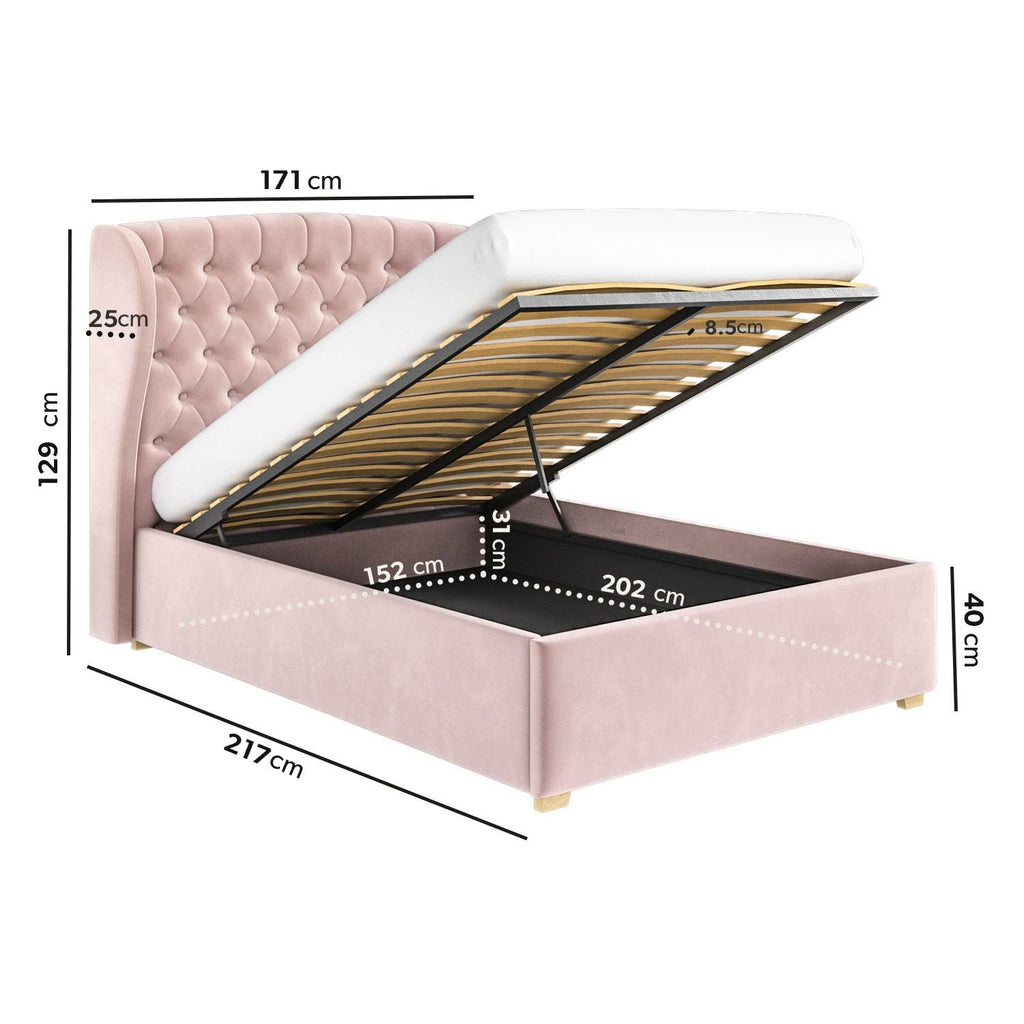 Safina Winged Ottoman Bed with Storage and Buttoned Headboard in Velvet or Fabric Mattress Option Available