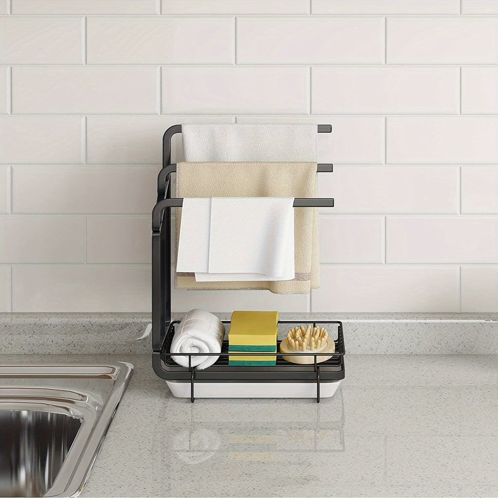 1 sink rack kitchen sponge rack, kitchen sink countertop rag holder tray, soap dispenser brush drain rack storage rack with removable drain tray