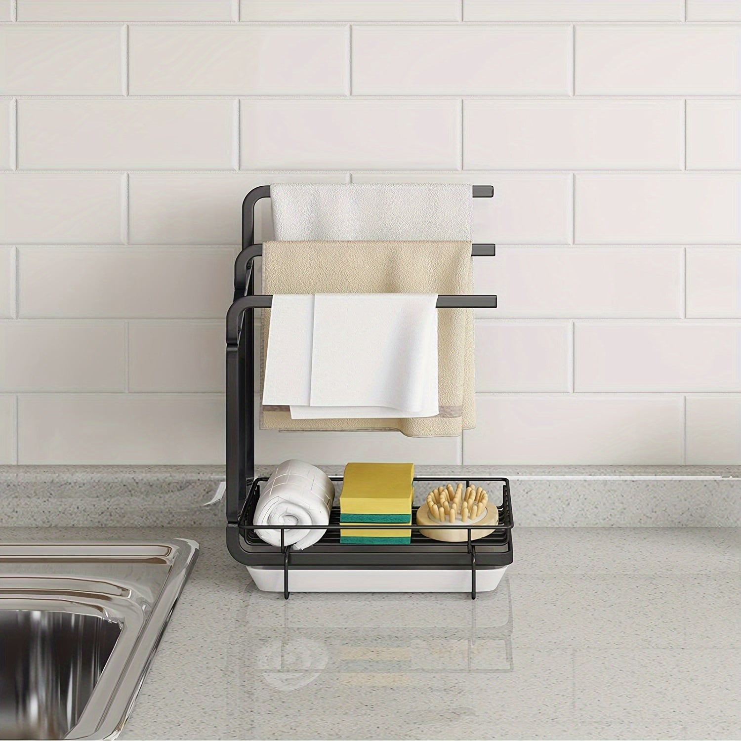 1 sink rack kitchen sponge rack, kitchen sink countertop rag holder tray, soap dispenser brush drain rack storage rack with removable drain tray