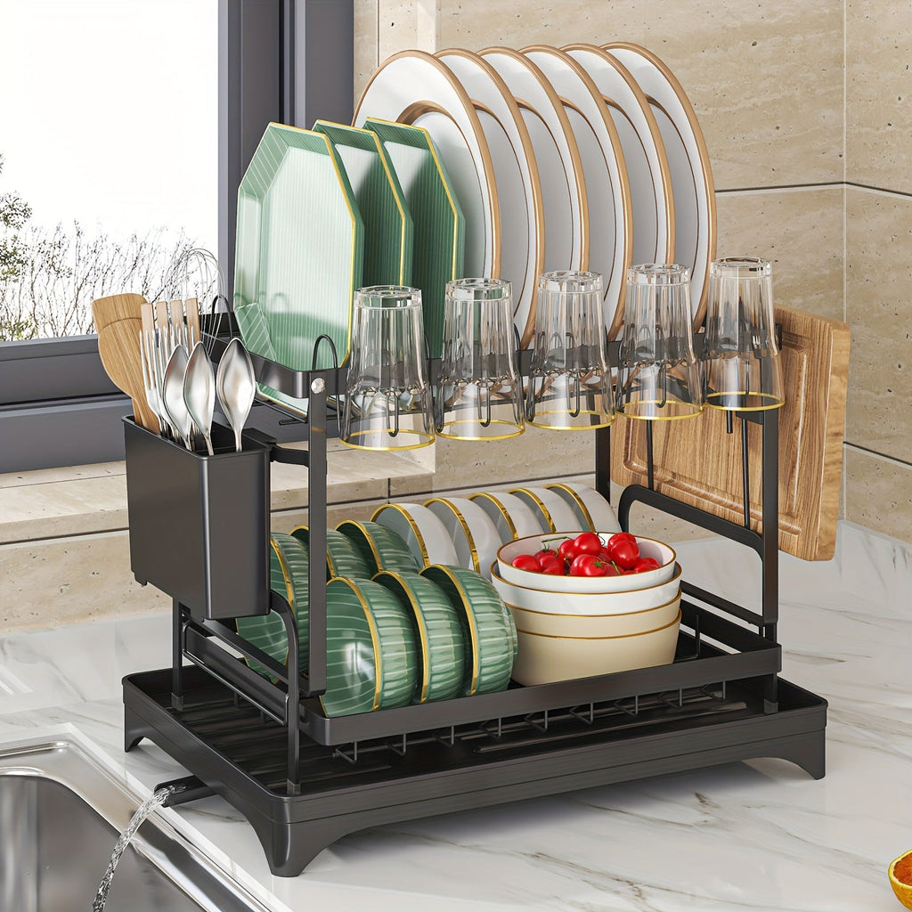 1pc Dish Rack, Double Layers Space-saving Dish Drying Rack With Drainboard And Utensil Holders, Multifunctional Large Capacity Dish Storage Organizer, For Kitchen Counter, Kitchen Organizers And Storage, Kitchen Accessories