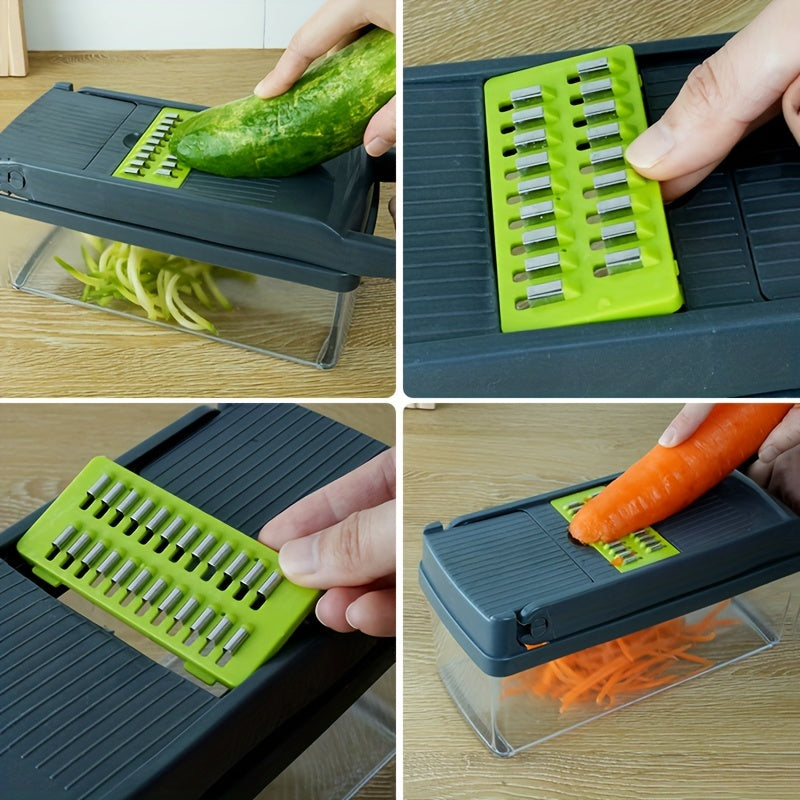 14-Piece Stainless Steel Vegetable Chopper Set - Multifunctional Fruit and Food Slicer, Grater, Cutter with Container, Interchangeable Blades, and Onion Mincer - Manual Operation, Easy to Use, Space-Saving, and Durable Kitche